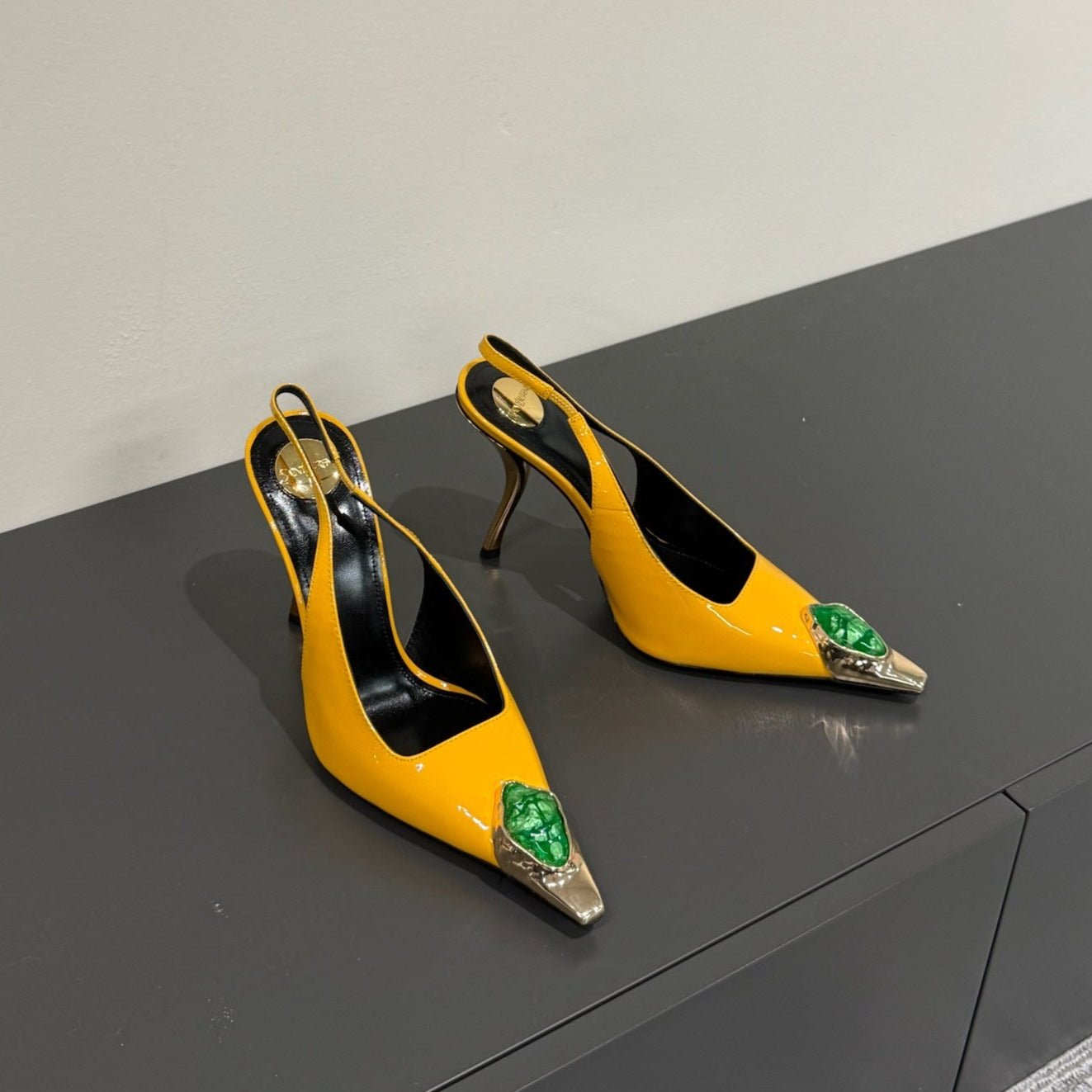 Luxury Saint Laurent GREEN GEM-STUDDED SLINGBACK PUMPS IN YELLOW PATENT CALFSKIN