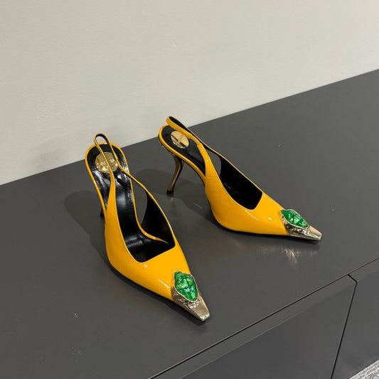 Luxury Saint Laurent GREEN GEM-STUDDED SLINGBACK PUMPS IN YELLOW PATENT CALFSKIN