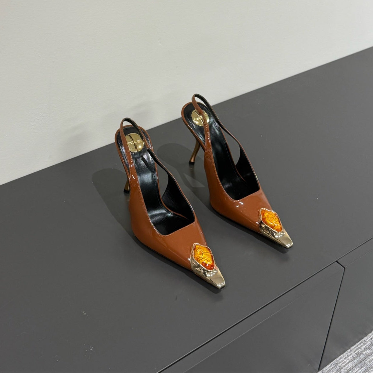 Luxury Saint Laurent ORANGE GEM-STUDDED SLINGBACK PUMPS IN BRONZE BROWN PATENT CALFSKIN