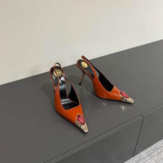 Luxury Saint Laurent RED GEM-STUDDED SLINGBACK PUMPS IN ORANGE PATENT CALFSKIN
