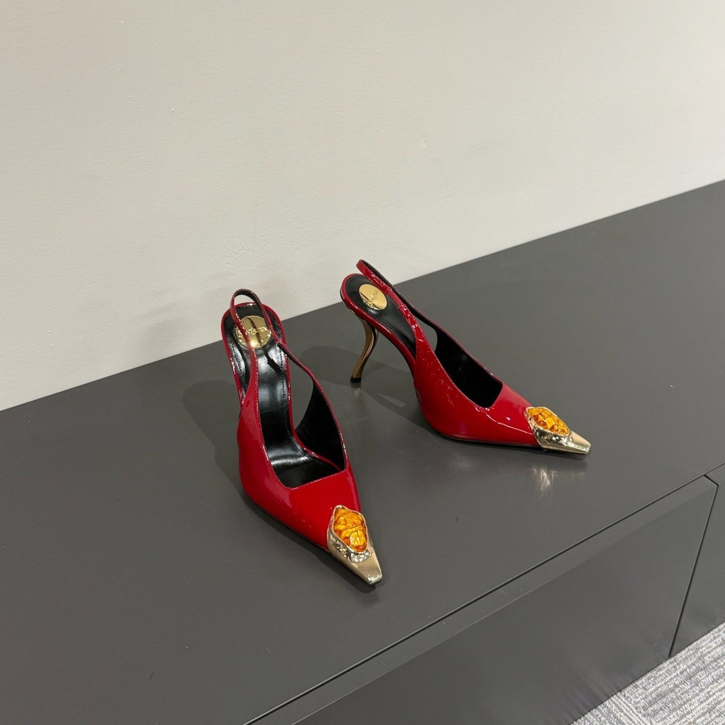 Luxury Saint Laurent ORANGE GEM-STUDDED SLINGBACK PUMPS IN RED PATENT CALFSKIN