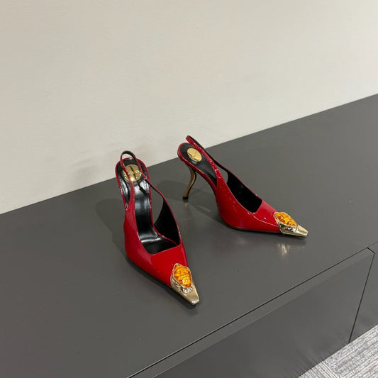 Luxury Saint Laurent ORANGE GEM-STUDDED SLINGBACK PUMPS IN RED PATENT CALFSKIN