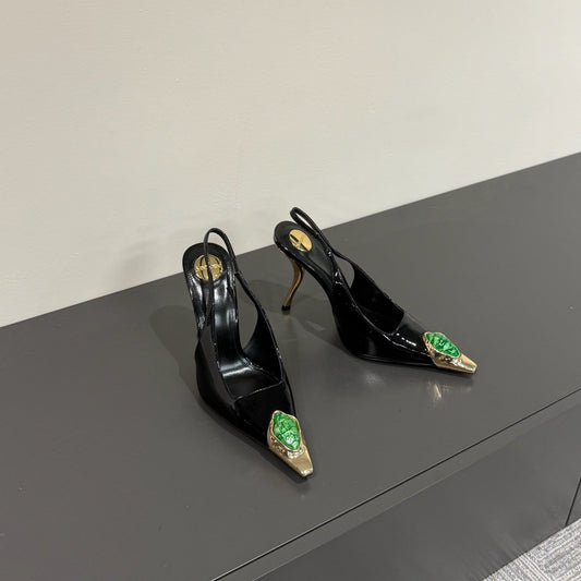 Luxury Saint Laurent GREEN GEM-STUDDED SLINGBACK PUMPS IN BLACK PATENT CALFSKIN