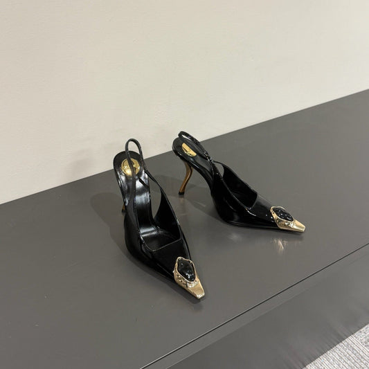 Luxury Saint Laurent BLACK GEM-STUDDED SLINGBACK PUMPS IN BLACK PATENT CALFSKIN