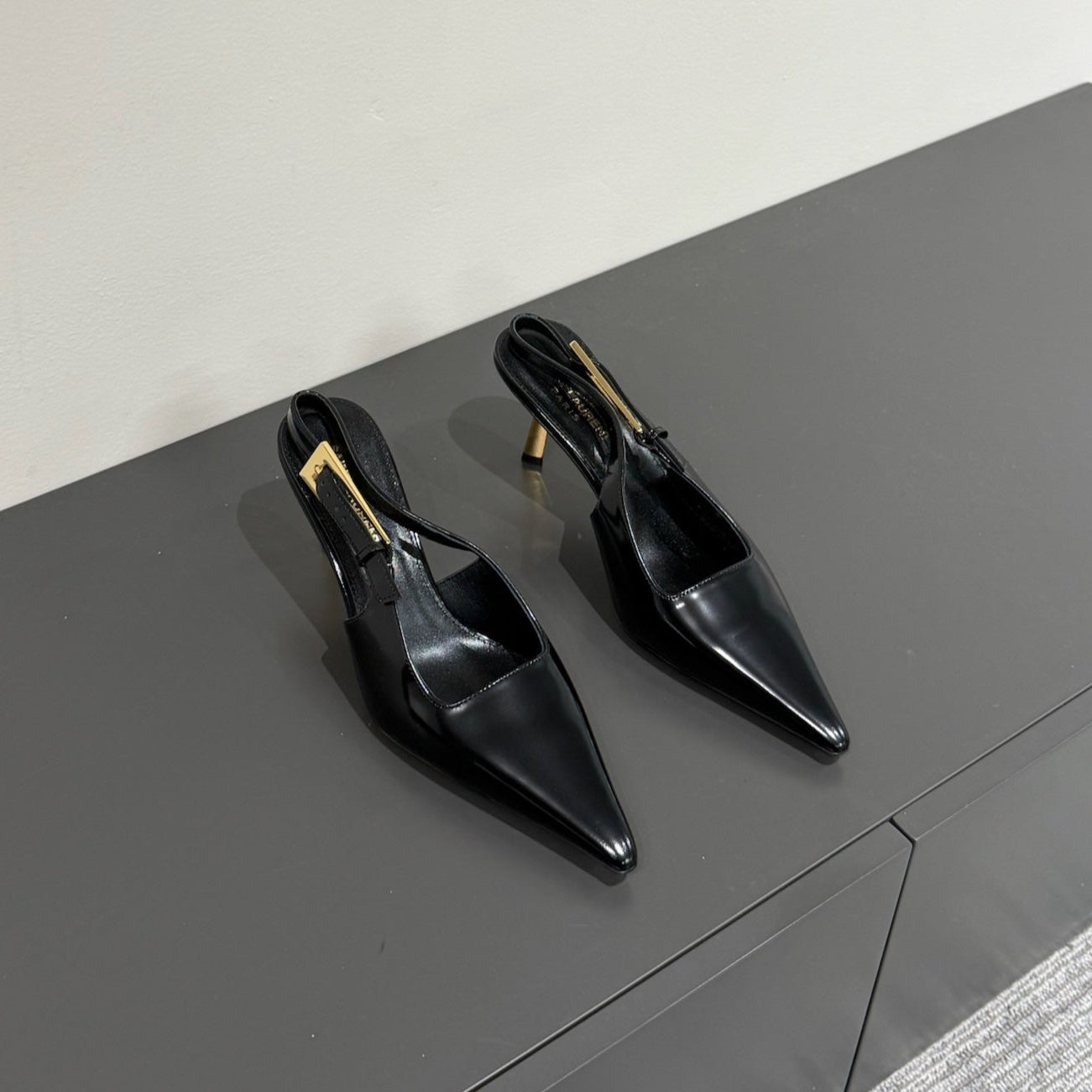 Luxury Saint Laurent LEE SLINGBACK MID PUMPS IN BLACK SHINY CALFSKIN