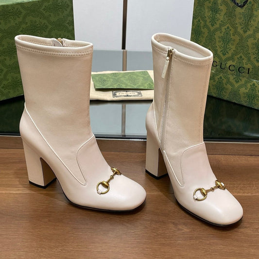 Luxury Gucci GG Horsebit Ankle Boot 95 Cream Calfskin