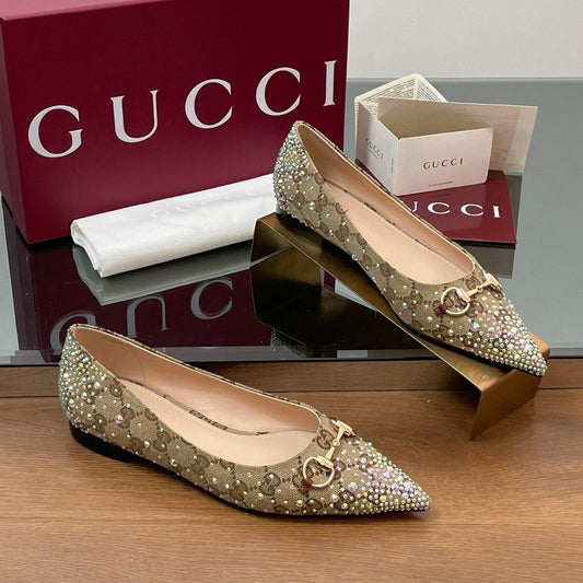 Luxury Gucci GG Horsebit Ballet Flat Beige Ebony Monogram Canvas Crystal-Embellished