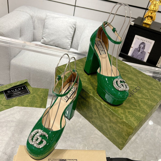 Luxury Gucci HIGH SANDAL SQUARE HEEL 12 CM IN DARK GREEN CALFSKIN