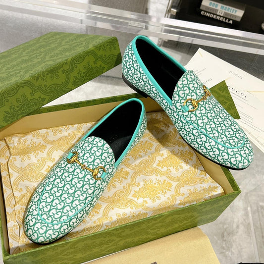 Luxury Gucci MEN'S LOAFER WITH HORSEBIT IN MINT GREEN MONOGRAM JACQUARD FABRIC