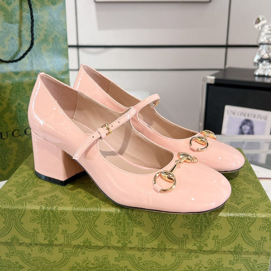 Luxury Gucci HORSEBIT MARY JANE HEEL IN LIGHT PINK CALFSKIN