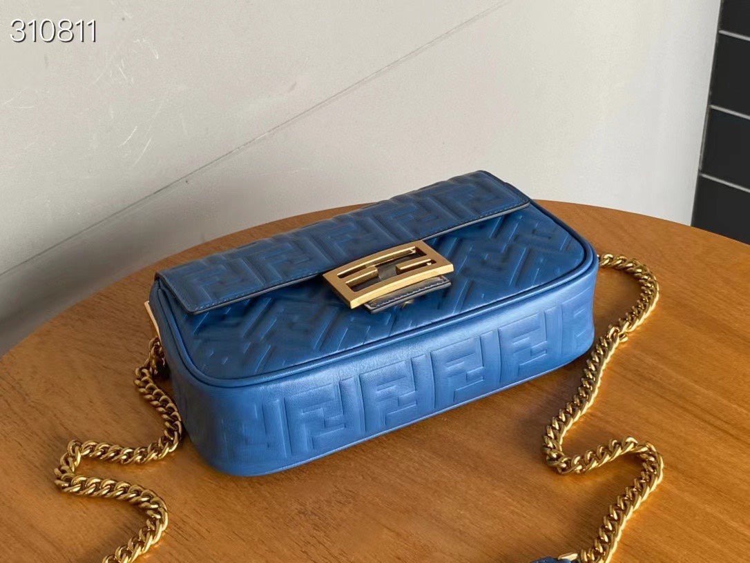 Luxury FendiFend Baguette 24 Bag With FF Motif Blue Leather Ghw