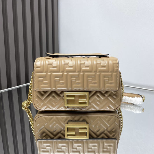 Luxury FendiFend Baguette 24 Bag With FF Motif Beige Leather Ghw