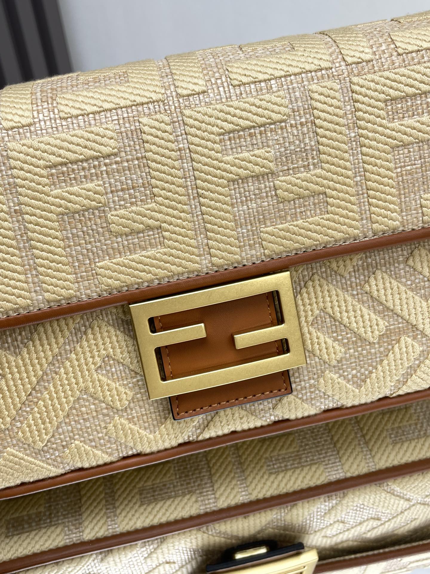 Luxury FendiFend Baguette Gold Tan Canvas Bag 27 with FF Embroidery Ghw