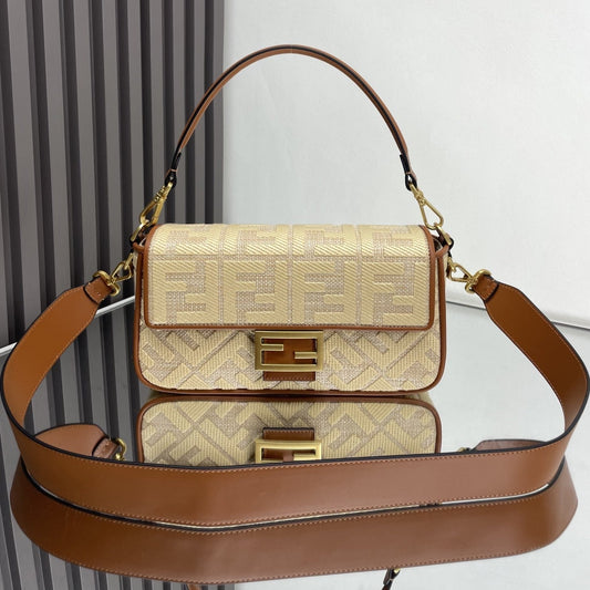 Luxury FendiFend Baguette Gold Tan Canvas Bag 27 with FF Embroidery Ghw