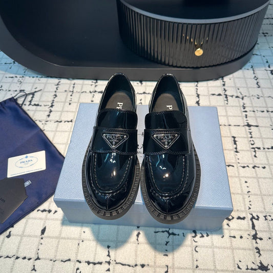 Luxury PradaSCHOCOLATE BRUSHED LOAFERS GLOSSY BLACK CALFSKIN