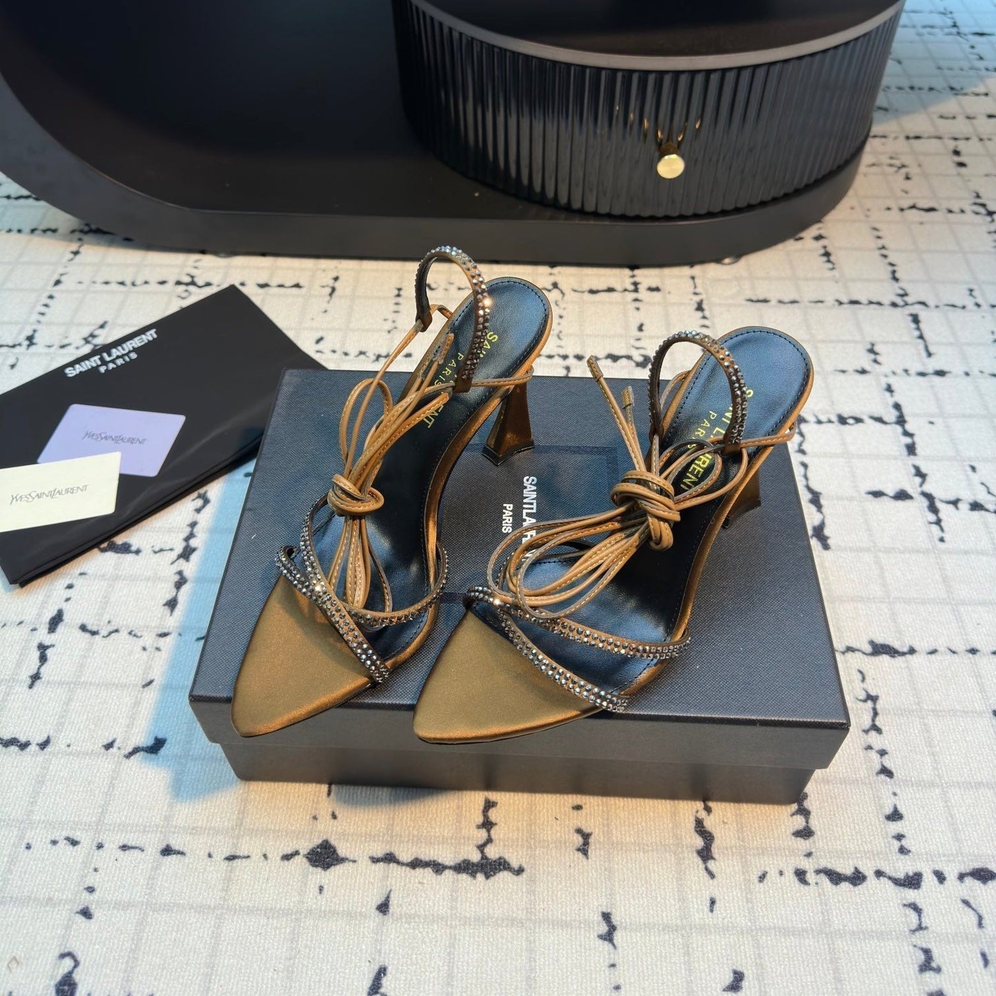Luxury Saint Laurent HIGH HEEL SANDALS WITH SHINY RHINESTONES STRAP IN GOLDEN BROWN SILK