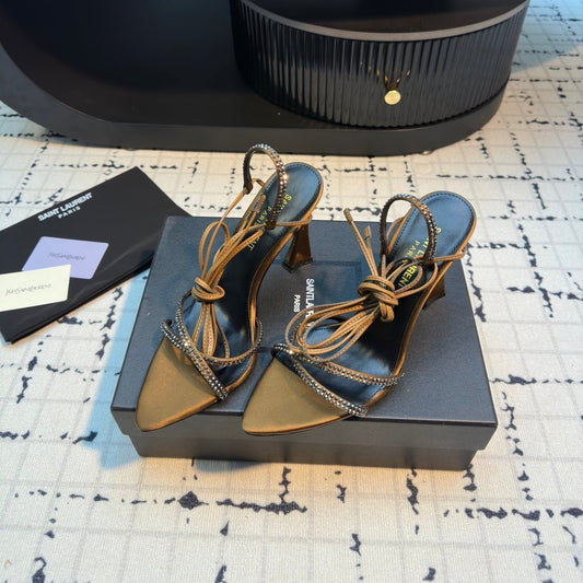 Luxury Saint Laurent HIGH HEEL SANDALS WITH SHINY RHINESTONES STRAP IN GOLDEN BROWN SILK