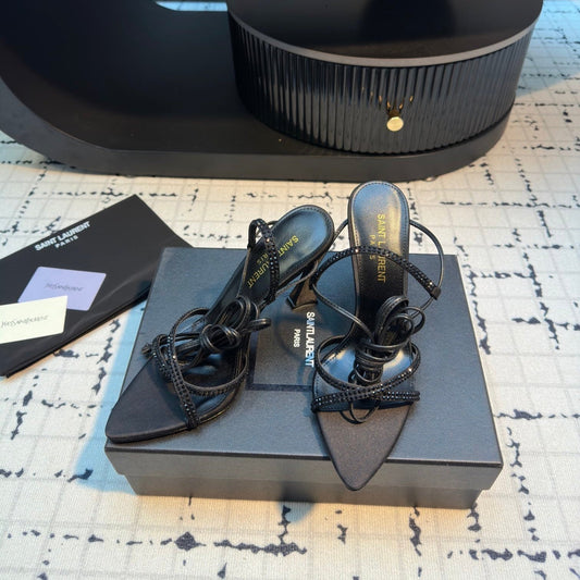 Luxury Saint Laurent HIGH HEEL SANDALS WITH SHINY RHINESTONES STRAP IN BLACK SILK
