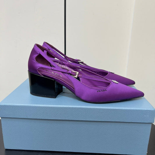 Luxury PradaCUT-OUT PUMPS WITH BEAD BUCKLE IN VIOLET SATIN
