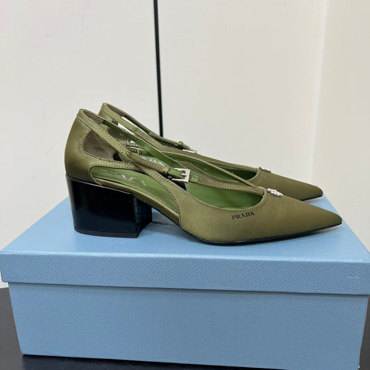 Luxury PradaCUT-OUT PUMPS WITH BEAD BUCKLE IN OLIVE GREEN SATIN