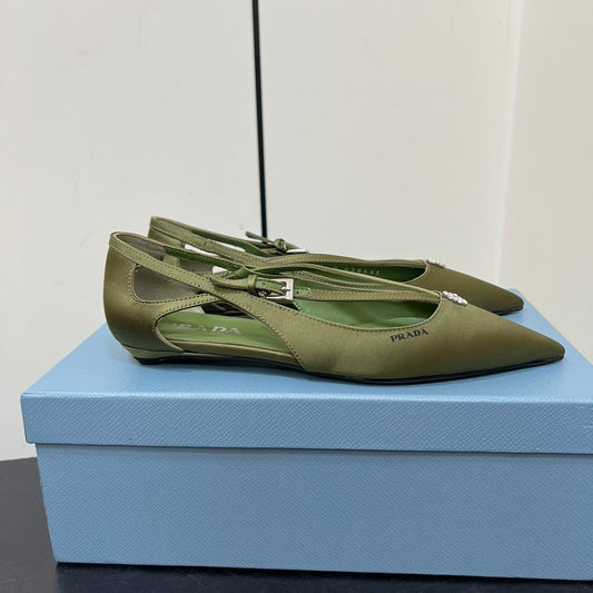 Luxury PradaCUT-OUT BALLERINA FLAT IN OLIVE GREEN SATIN ATTACHED BEAD BUCKLE
