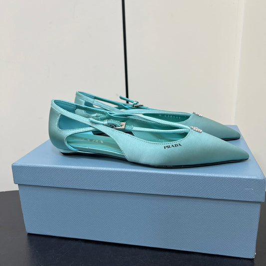 Luxury PradaCUT-OUT BALLERINA FLAT IN TURQUOISE BLUE SATIN ATTACHED BEAD BUCKLE