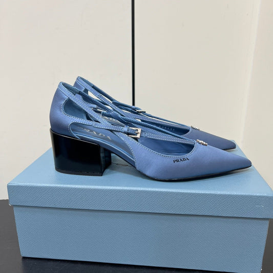 Luxury PradaCUT-OUT PUMPS WITH BEAD BUCKLE IN PERANO BLUE SATIN