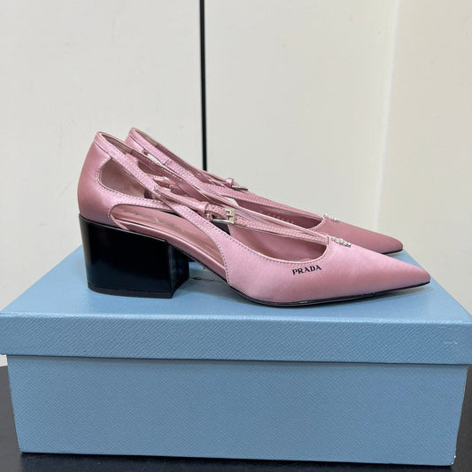 Luxury PradaCUT-OUT PUMPS WITH BEAD BUCKLE IN BABY PINK SATIN