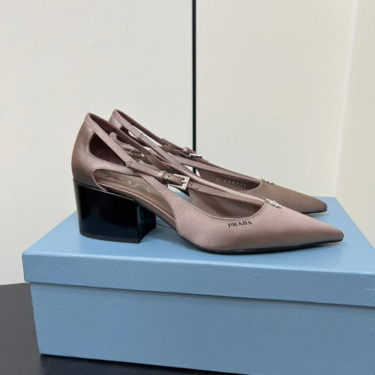 Luxury PradaCUT-OUT PUMPS WITH BEAD BUCKLE IN HAZELNUT BEIGE SATIN