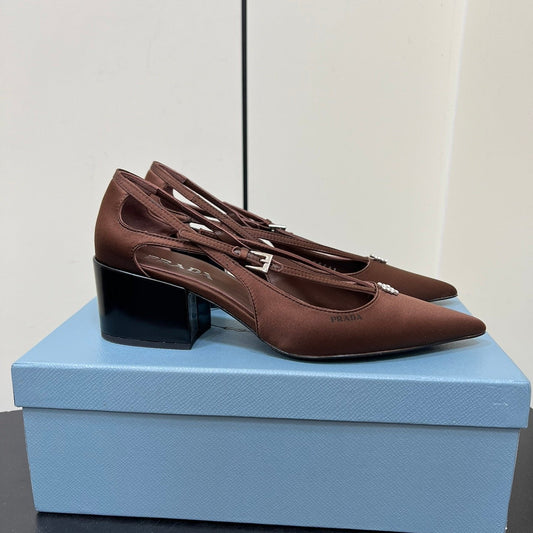 Luxury PradaCUT-OUT PUMPS WITH BEAD BUCKLE IN CHOCOLATE BROWN SATIN