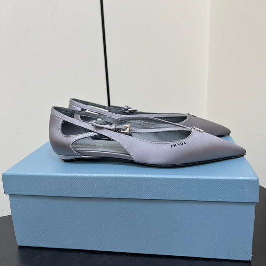 Luxury PradaCUT-OUT BALLERINA FLAT IN WARM GRAY SATIN ATTACHED BEAD BUCKLE