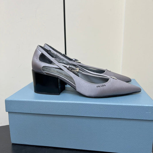 Luxury PradaCUT-OUT PUMPS WITH BEAD BUCKLE IN WARM GRAY SATIN