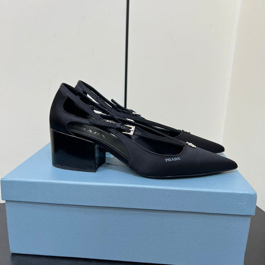 Luxury PradaCUT-OUT PUMPS WITH BEAD BUCKLE IN BLACK SATIN