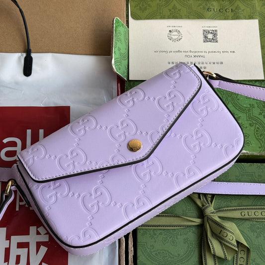 Luxury Gucci SUPER MINI SHOULDER BAG 21 IN LIGHT VIOLET EMBOSSED CALFSKIN
