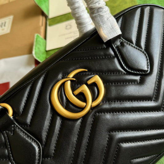Luxury Gucci gg marmont medium top handle 35cm black calfskin gold hardware