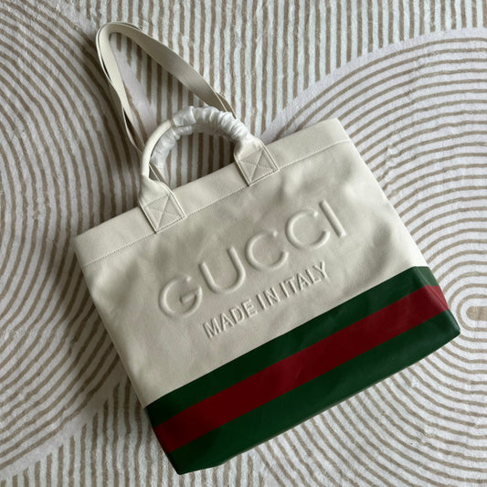 Luxury Gucci TOTE BAG 40 IN WHITE CANVAS WITH WEB TRIM AND EMBOSSED LOGO