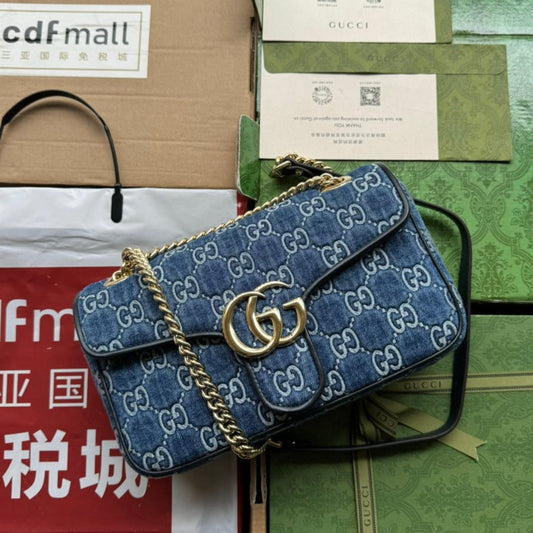 Luxury Gucci gg marmont 26cm blue monogram denim gold hardware