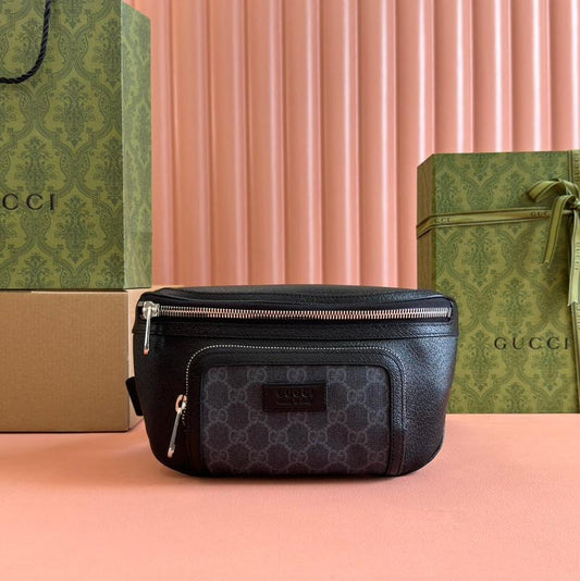 Luxury Gucci SMALL BELT BAG 29 IN BLACK CALFSKIN AND DARK GRAY MONOGRAM CANVAS