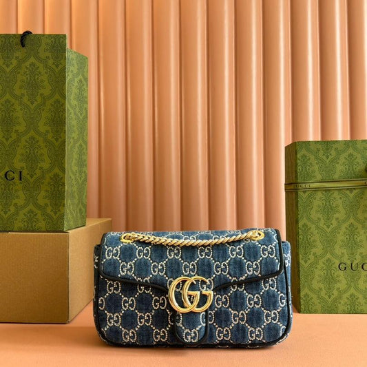 Luxury Gucci MARMONT SHOULDER BAG 26 IN BLUE DENIM WITH DOUBLE G CRYSTAL PATTERN GOLD HARDWARE