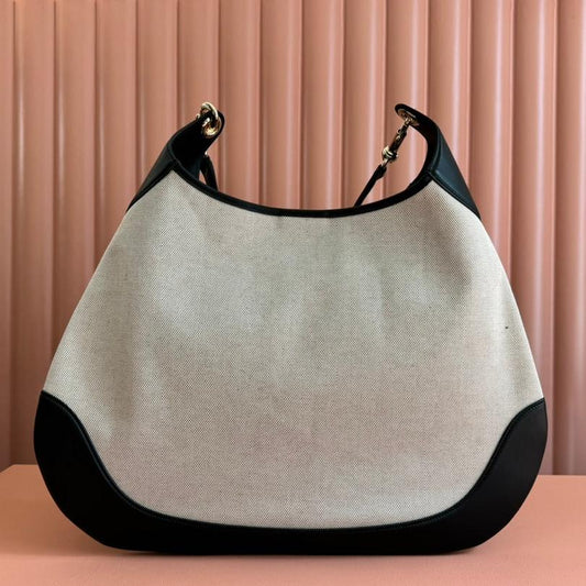 Luxury Gucci BODY MEDIUM SHOULDER BAD 49 IN NATURAL CANVAS AND BLACK CALFSKIN GOLD HARDWARE