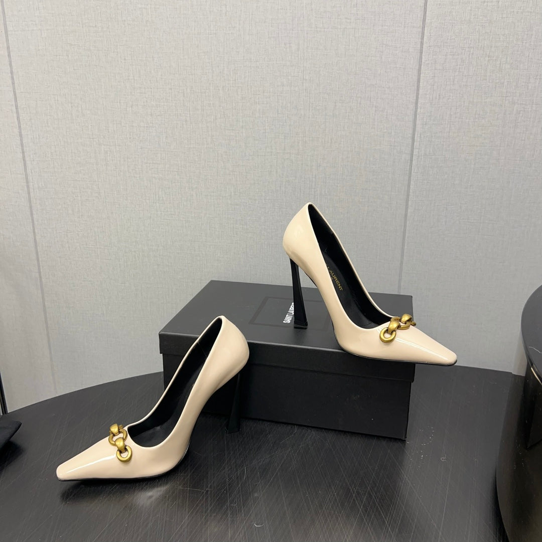 Luxury Saint Laurent HIGH PUMPS IN CREAM GLOSSY CALFSKIN ATTACHED GOLD CHAIN