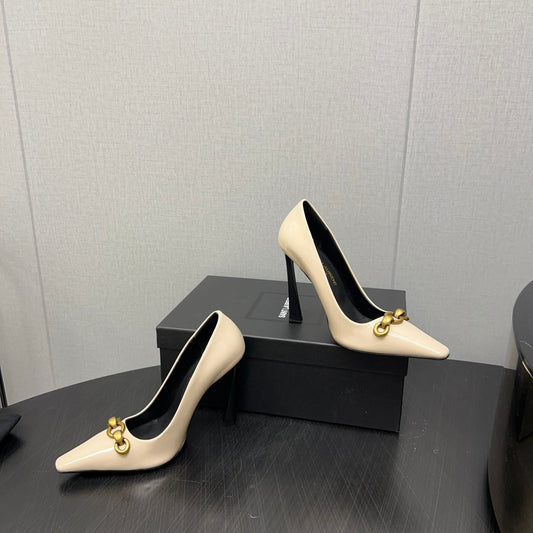 Luxury Saint Laurent HIGH PUMPS IN CREAM GLOSSY CALFSKIN ATTACHED GOLD CHAIN