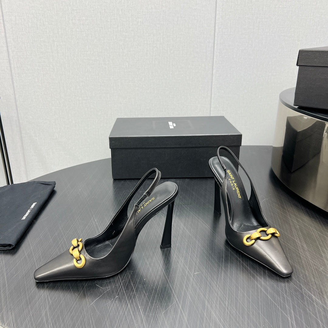 Luxury Saint Laurent GOLD CHAIN ATTACHED HIGH SLINGBACK IN BLACK SMOOTH LAMBSKIN