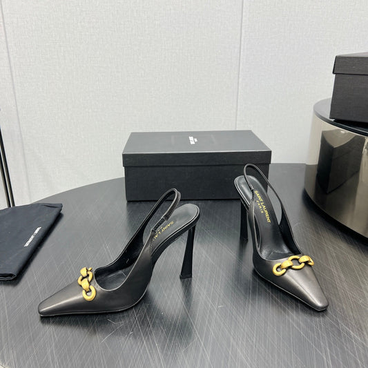 Luxury Saint Laurent GOLD CHAIN ATTACHED HIGH SLINGBACK IN BLACK SMOOTH LAMBSKIN