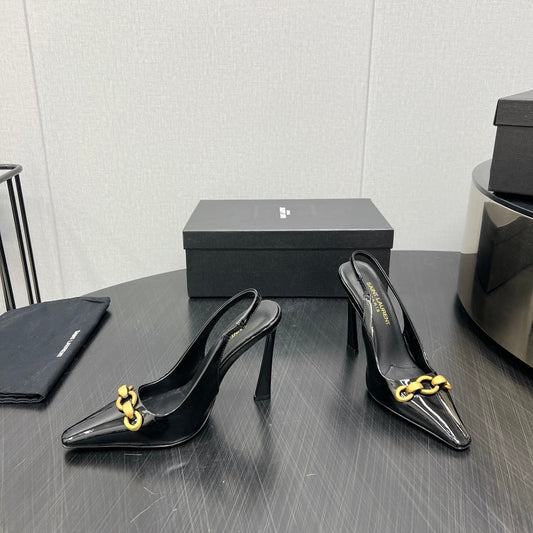 Luxury Saint Laurent GOLD CHAIN ATTACHED HIGH SLINGBACK IN BLACK GLOSSY CALFSKIN
