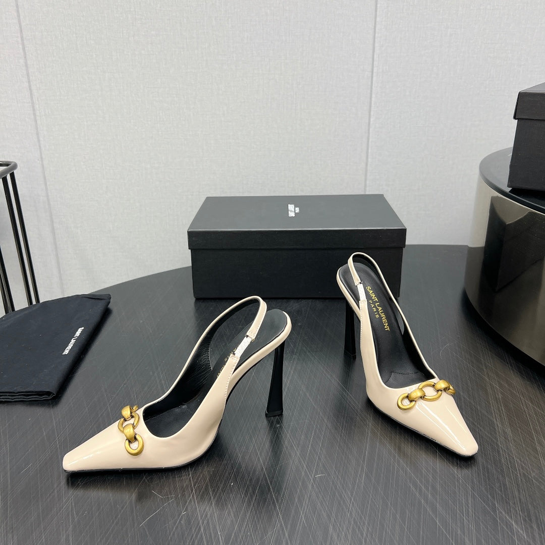 Luxury Saint Laurent GOLD CHAIN ATTACHED HIGH SLINGBACK IN CREAM GLOSSY CALFSKIN