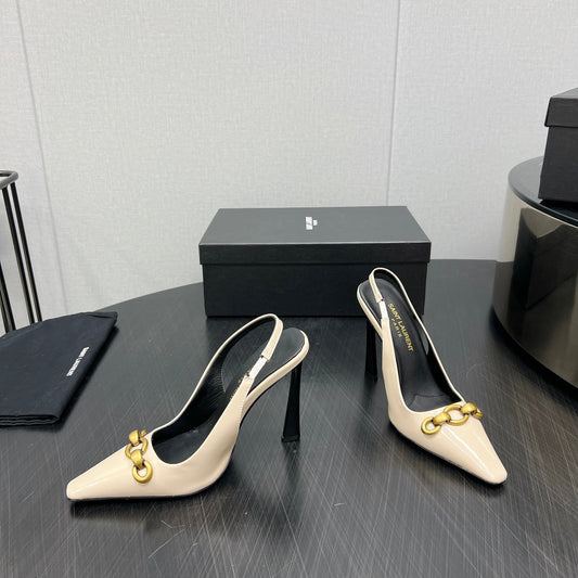 Luxury Saint Laurent GOLD CHAIN ATTACHED HIGH SLINGBACK IN CREAM GLOSSY CALFSKIN