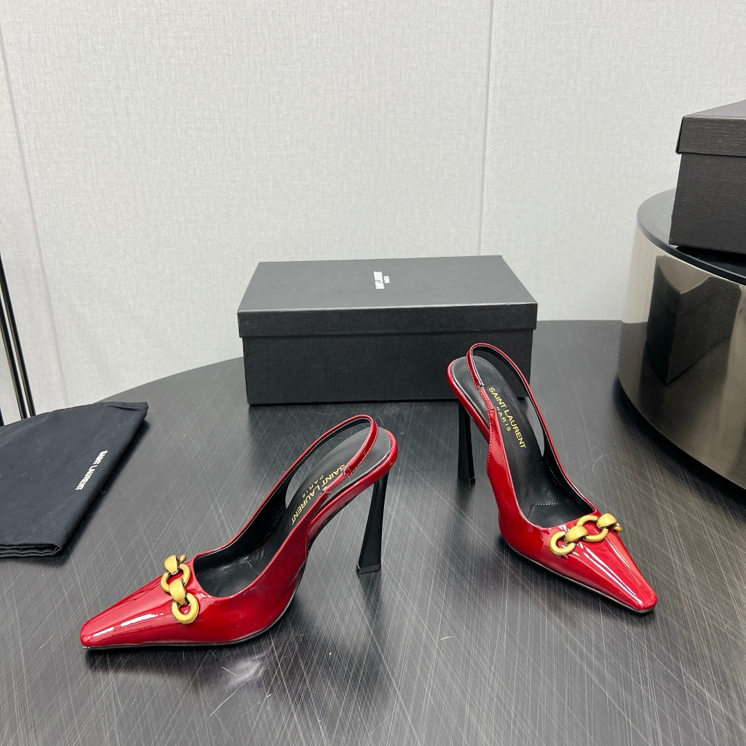 Luxury Saint Laurent GOLD CHAIN ATTACHED HIGH SLINGBACK IN RED GLOSSY CALFSKIN