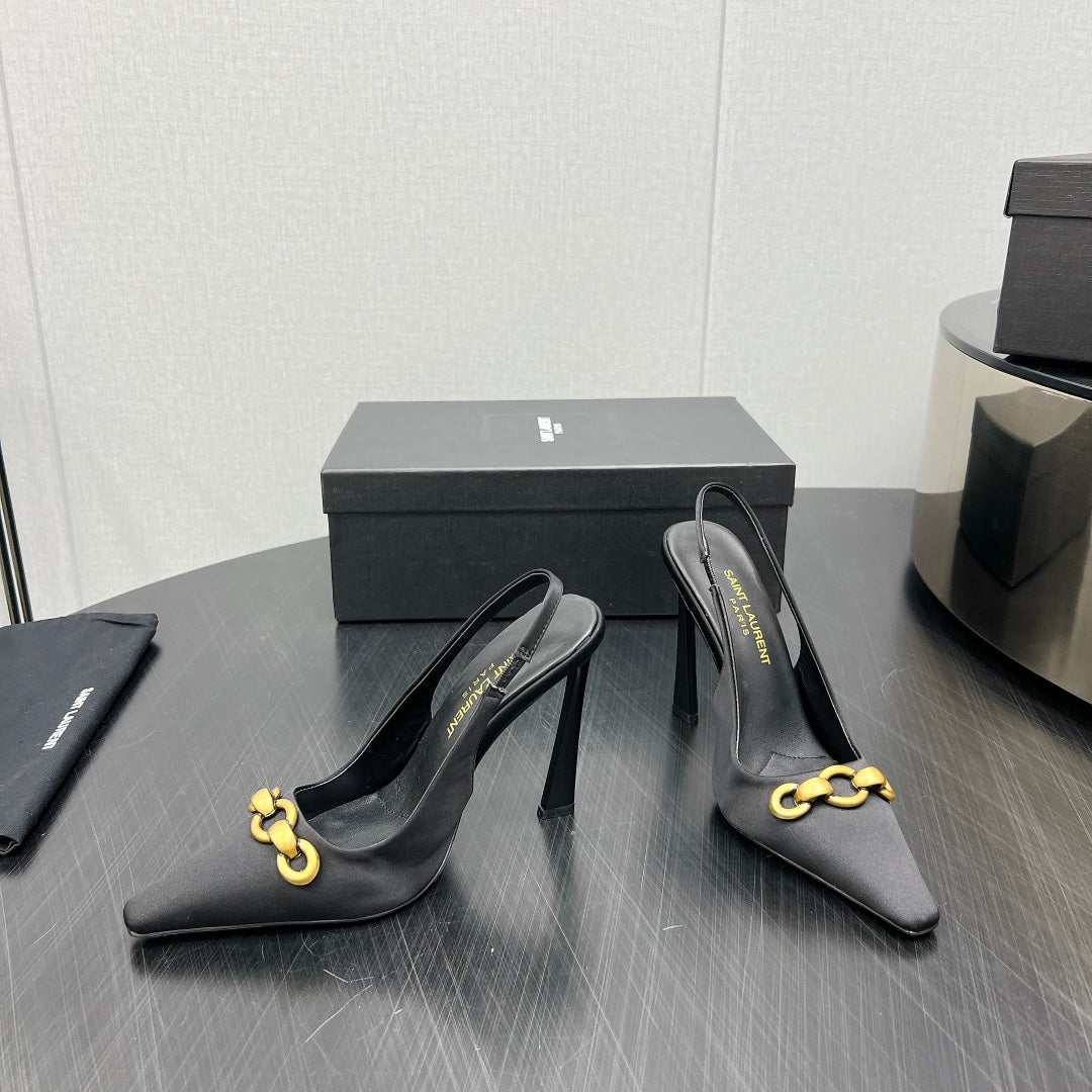 Luxury Saint Laurent GOLD CHAIN ATTACHED HIGH SLINGBACK IN BLACK SILK