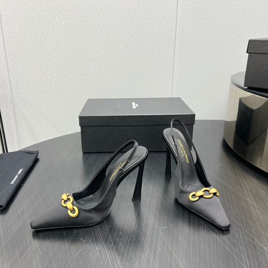 Luxury Saint Laurent GOLD CHAIN ATTACHED HIGH SLINGBACK IN BLACK SILK